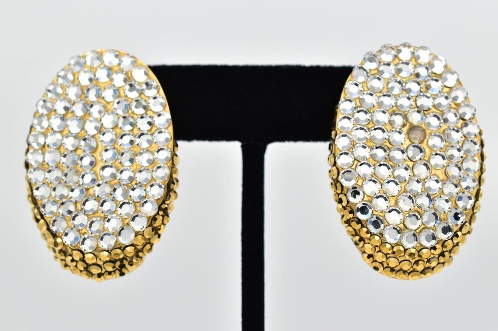 Vintage Crystal Clip On Earrings Sparkling Gold Tone Designs By SD Signed 9H